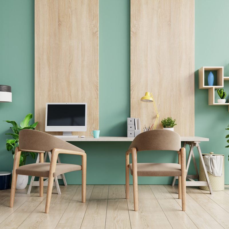 Office room with a pastel background.